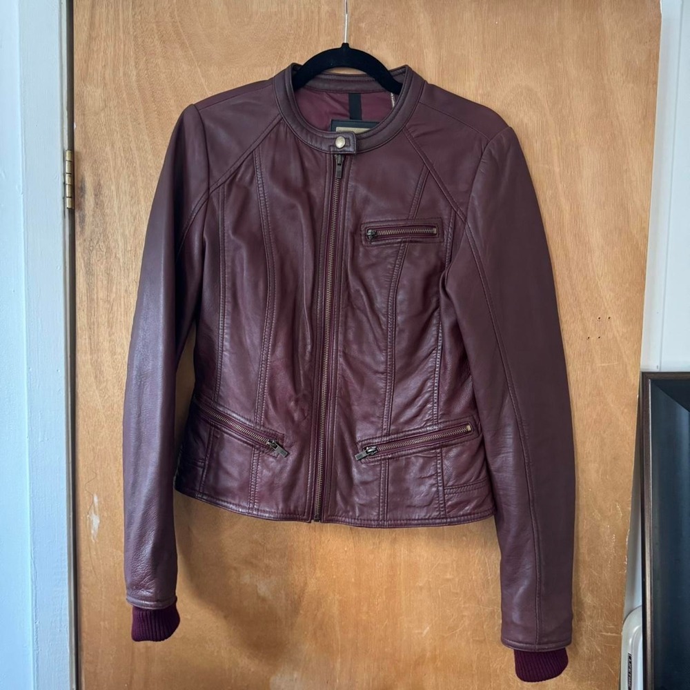 Burgundy Genuine Leather Cafe Racer Moto Jacket Women Burgundy Wine Ribbed Cuffs